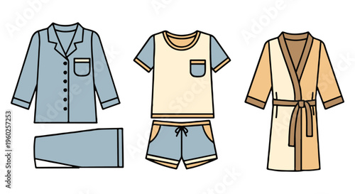 Minimalist sleepwear vector set, comfortable pajamas and loungewear collection, blue and beige nightwear icons for fashion design and retail
