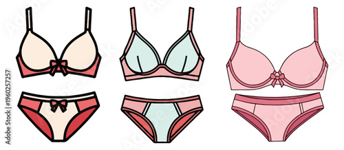 Lingerie set vector icons, feminine underwear collection with bras and panties, pink and mint green intimate apparel illustrations for fashion retail
