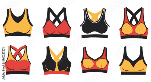 Athletic sports bra vector set, collection of 8 colorful fitness crop tops for women, flat gym wear and activewear icons for workout apparel design