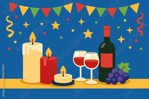 Passover Candles and Wine with Festive Background