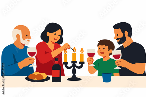 Passover Family Lighting Candles and Sharing Wine