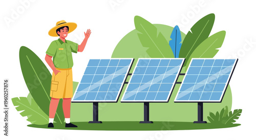 Eco-Friendly Energy With Solar Panels And A Welcoming Person