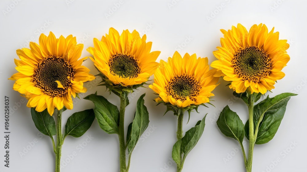 Obraz premium Four Vibrant Sunflowers Standing Tall Against a Clean White Background.