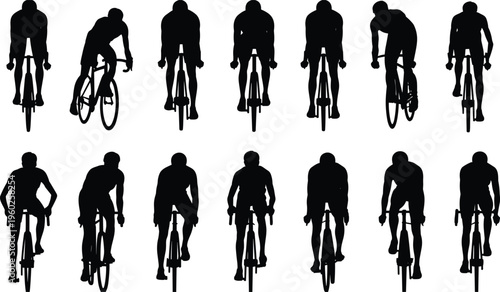 Flat vector silhouettes of cyclists riding bicycles front view different postures