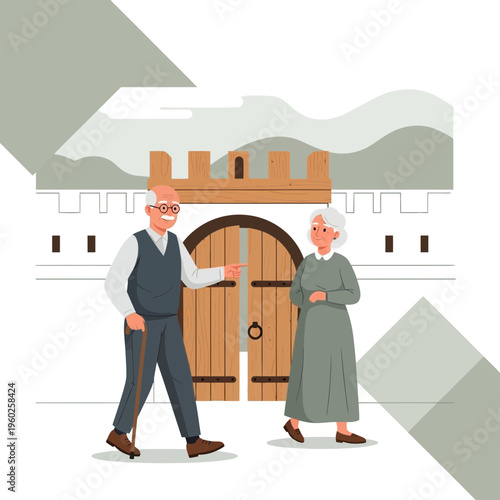 Elderly Couple Approaching Historic Castle Gate With Warm Welcome