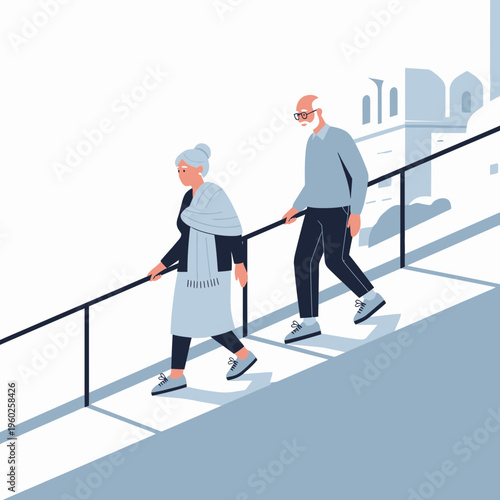 Elderly Couple Ascending Steps With Railing In Architectural Setting