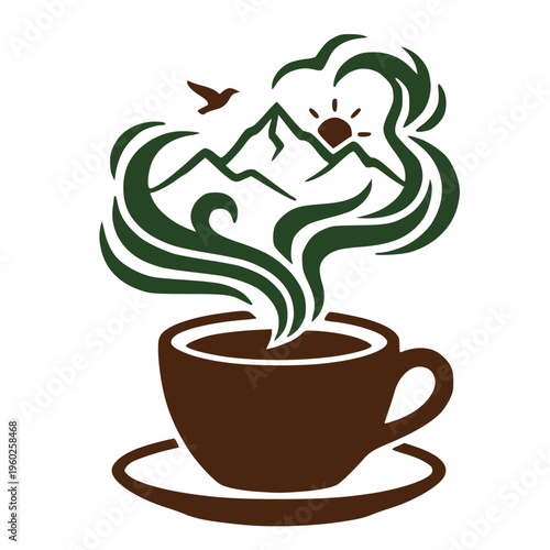 Vászonkép Mountain Coffee Logo Design – Nature Landscape Steam with Sun and Bird Silhouett