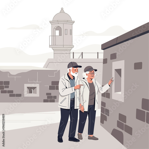 Elderly Couple Explores Ancient Fortifications On A Sunny Day