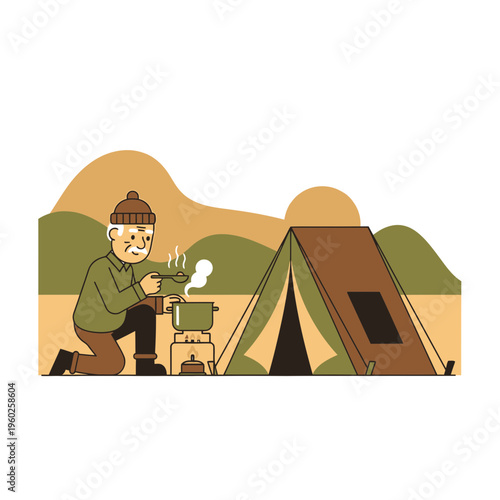 Elderly Man Camping Cooking Delicious Meal Outdoor Adventure Scene