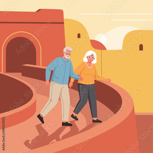 Elderly Couple Strolls Along Historic Pathway Embracing Serene Journey Together
