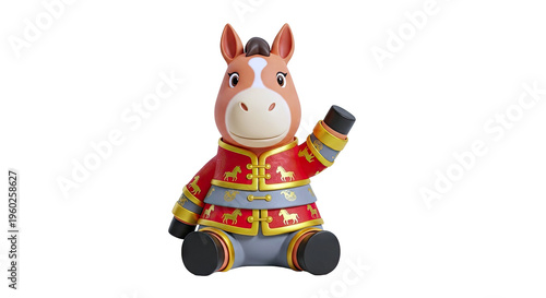 Cute cartoon horse character in traditional Chinese clothing waving