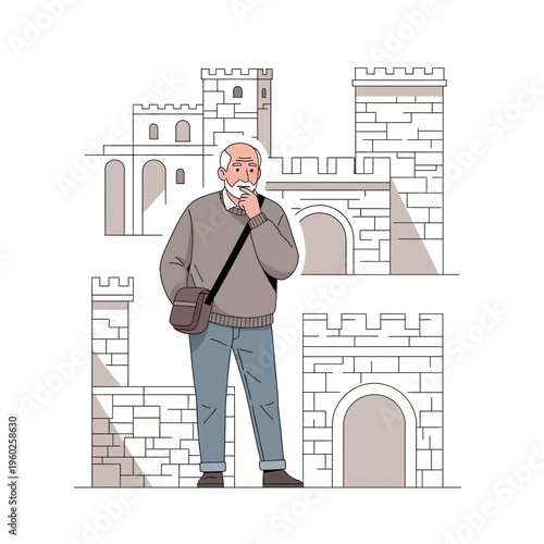 Elderly Man Contemplating Ancient Castle Architecture During Travel