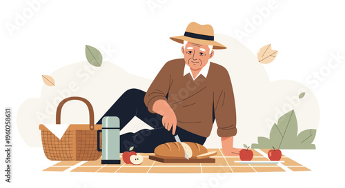 Elderly Man Enjoying A Peaceful Outdoor Picnic With Bread And Apples