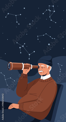 Elderly Man Gazing At Starry Night Sky Through Telescope Observing Constellations