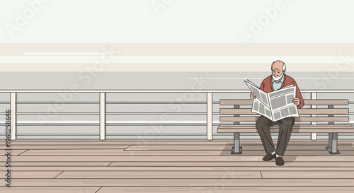 Elderly Man Enjoys Reading Newspaper Outdoors on Waterfront Boardwalk Bench