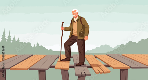 Elderly Man Hiking On A Rustic Boardwalk Through A Forest Trail