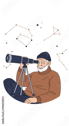 Elderly Man Observing Star Constellations Through Telescope