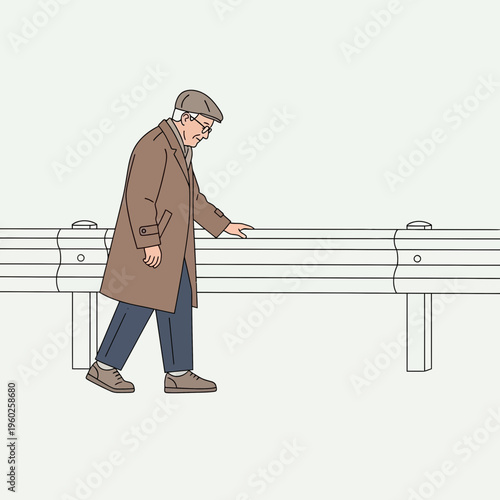 Elderly Gentleman Walking Alongside Highway Guardrail With Thoughtful Expression