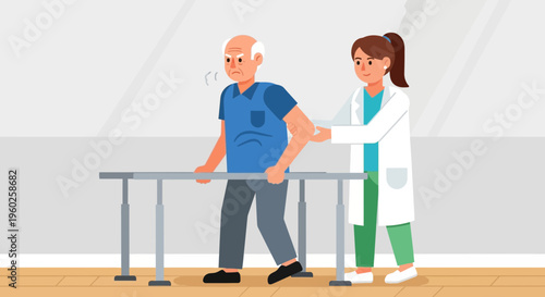 Elderly Man Relearning To Walk With Physical Therapist Assistance