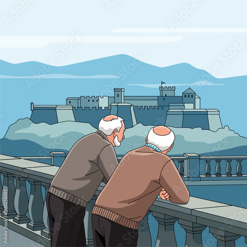 Elderly Gentlemen Admire Majestic Coastal Fortress From Scenic Balcony