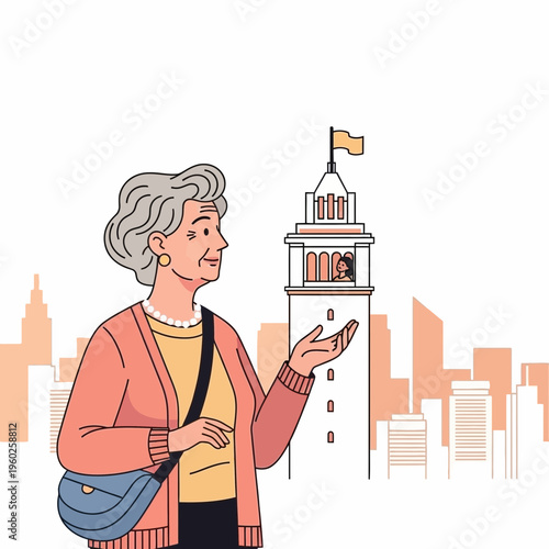 Elderly Woman Tourist Admiring Historic Landmark Tower in Cityscape