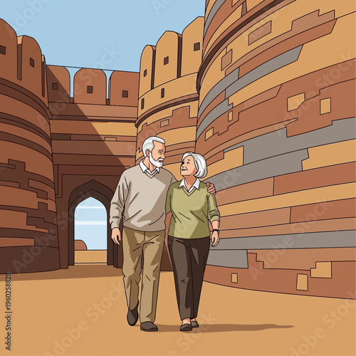 Elders Exploring Ancient Fort Architecture And Heritage Sites