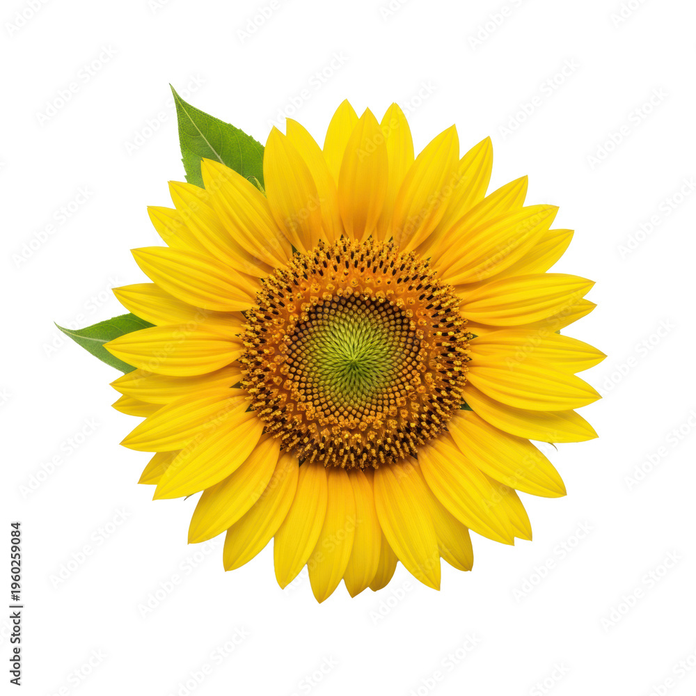 Fototapeta premium Ultra-realistic flat lay of a vibrant yellow sunflower with detailed dark center and green leaves, isolated on a transparent background, showcasing natural beauty and purity concept.