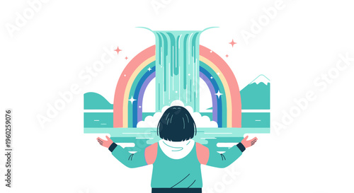 Embracing Wonder A Person Gazes At A Magical Waterfall And Rainbow Scene
