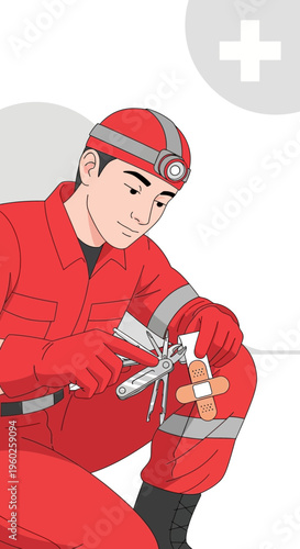 Emergency Medical Responder Dexterously Prepares Bandage For Injury Treatment