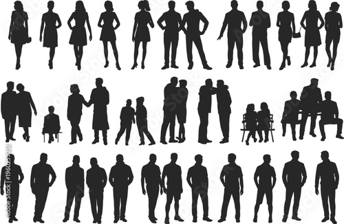 Flat vector silhouettes of adults and children interacting, standing, bonding together