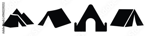 Tent icon set for camping and outdoor events, black outline and flat silhouette styles. 