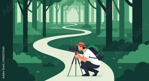 Enchanting Forest Path And Nature Photographer Capturing Serene Woodland Beauty