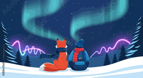 Enchanting Arctic Night Fox And Traveler Witness Aurora Borealis