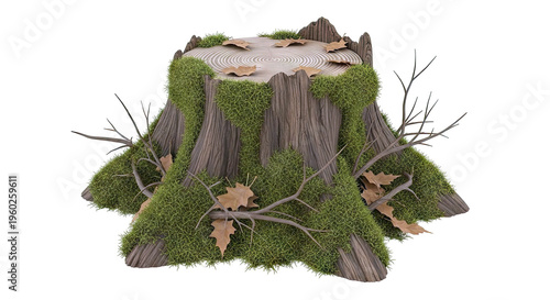 Mossy Tree Stump with Fallen Leaves and Branches
