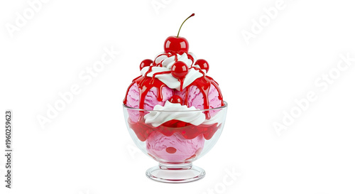 Pink Ice Cream Sundae with Cherries and Red Syrup in a Glass Bowl