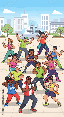 Energetic Diverse Group Dancing Joyfully Outdoors In A Vibrant City Square