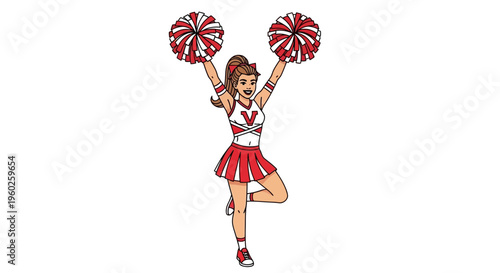 Energetic Cheerleader Performing with Red and White Pom Poms