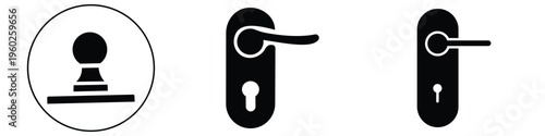 Door handle and knob vector icons set in outline and silhouette styles for interior design.