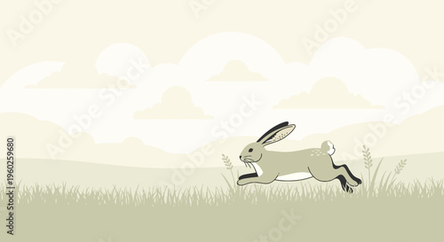 Energetic Hare Leaping Through Grassy Field Under Cloudscape