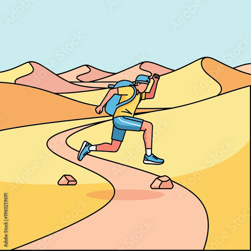 Energetic Hiker Navigating Arid Dunes With Backpack Dynamic Desert Trekking Adventure