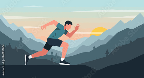Energetic Runner Ascending Mountain Trails During Golden Sunrise Scenic Vista