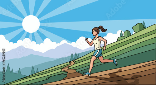 Energetic Runner Ascends Verdant Hillside Under Sunny Skies