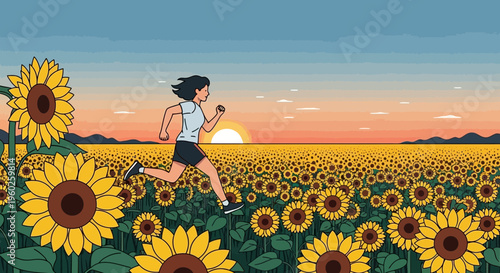Energetic Runner Embraces Sunrise Amidst Vibrant Sunflower Field