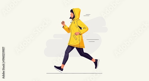 Energetic Runner In Yellow Coat Jogging Outdoors Illustration