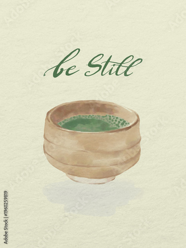Digital watercolor illustration of matcha tea bowl with 