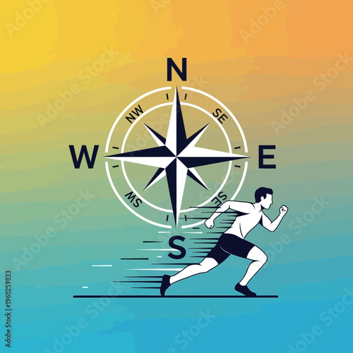 Energetic Runner Navigating With Compass In Dynamic Sunrise Gradient