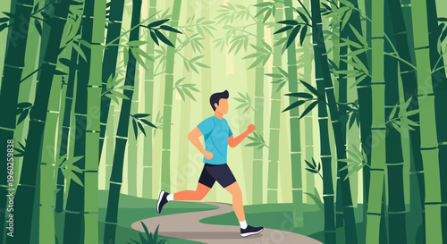 Energetic Runner Trails Through Lush Bamboo Forest Scenery