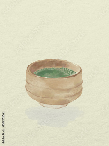 Digital watercolor illustration of a traditional matcha green tea bowl on textured paper