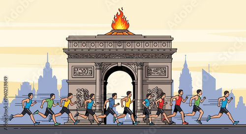Energetic Runners Compete in a Grand Parisian Marathon Event