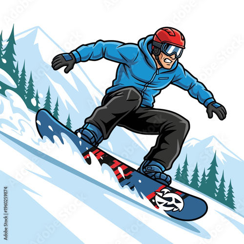 Energetic Snowboarder Carving Down A Snowy Mountain Slope